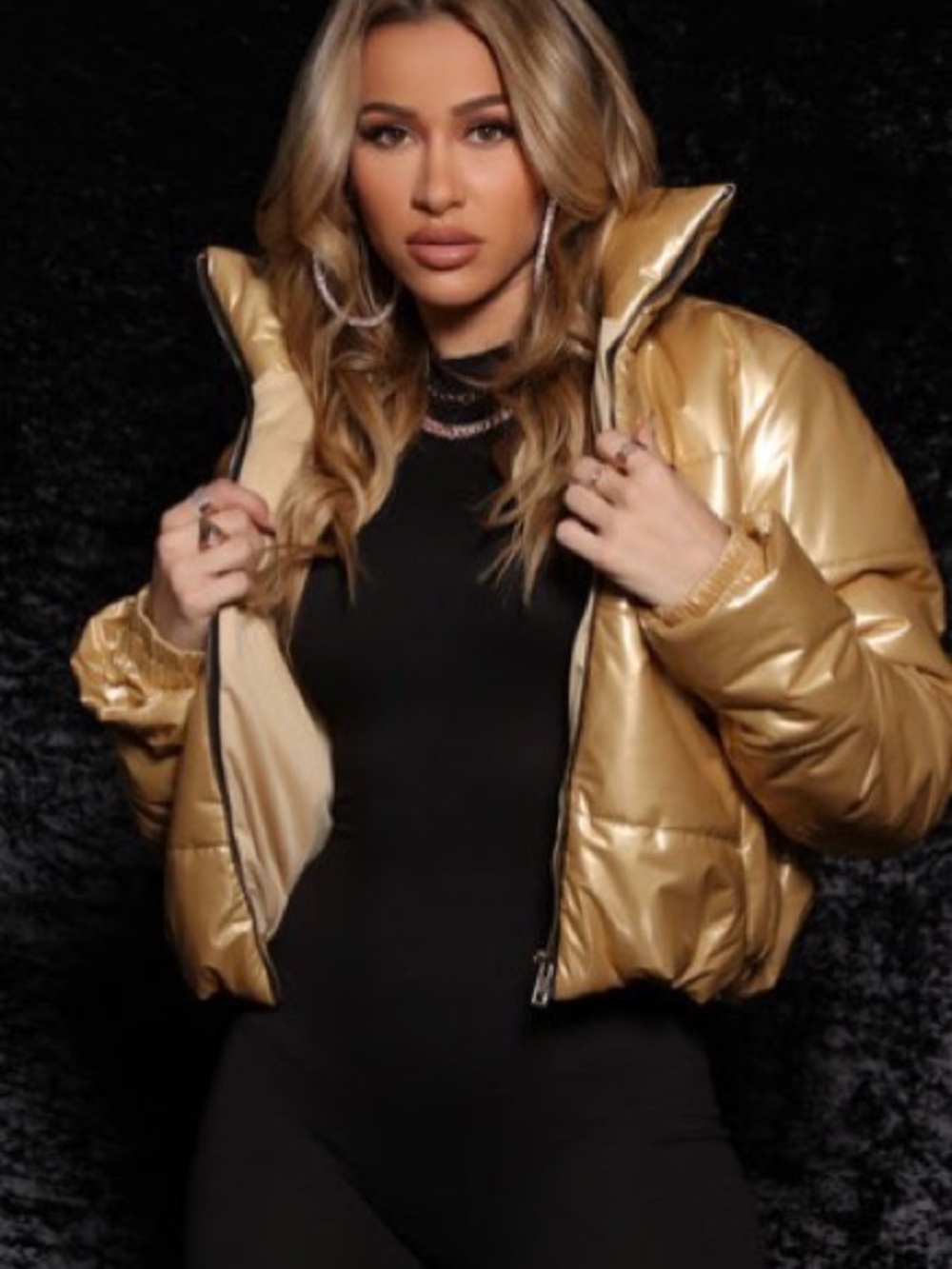 Fashion Nova Metallic Gold Puffer Bomber Jacket